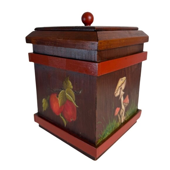 Retro Kitchen Wooden Box Mushroom Apple Rustic 70s Style Hand Painted Storage - Picture 2 of 16